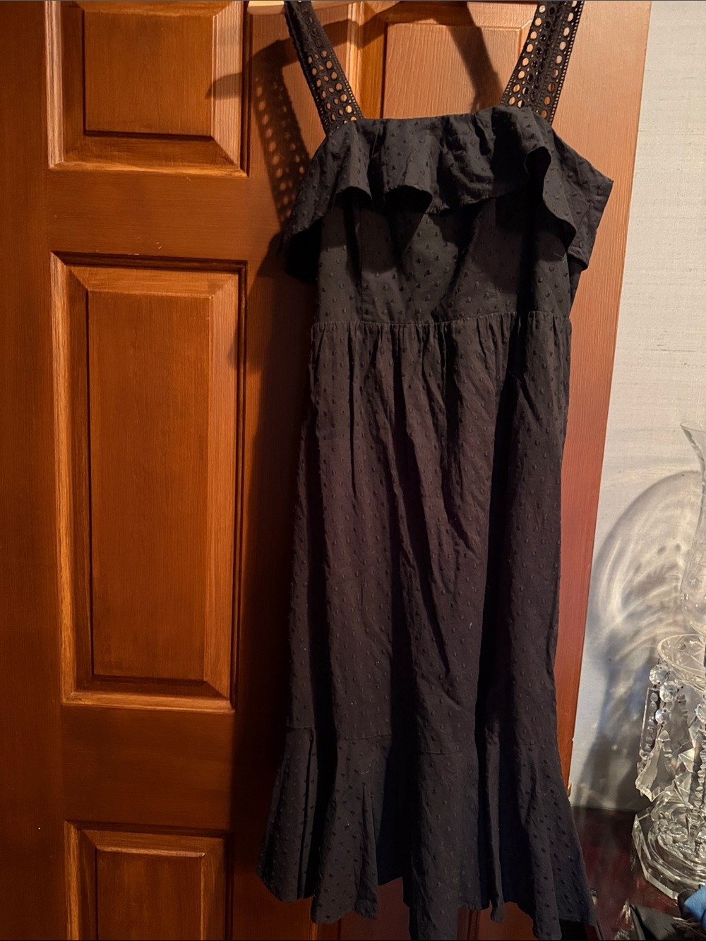 J. Crew Black Eyelet Ruffle Strap Midi Dress